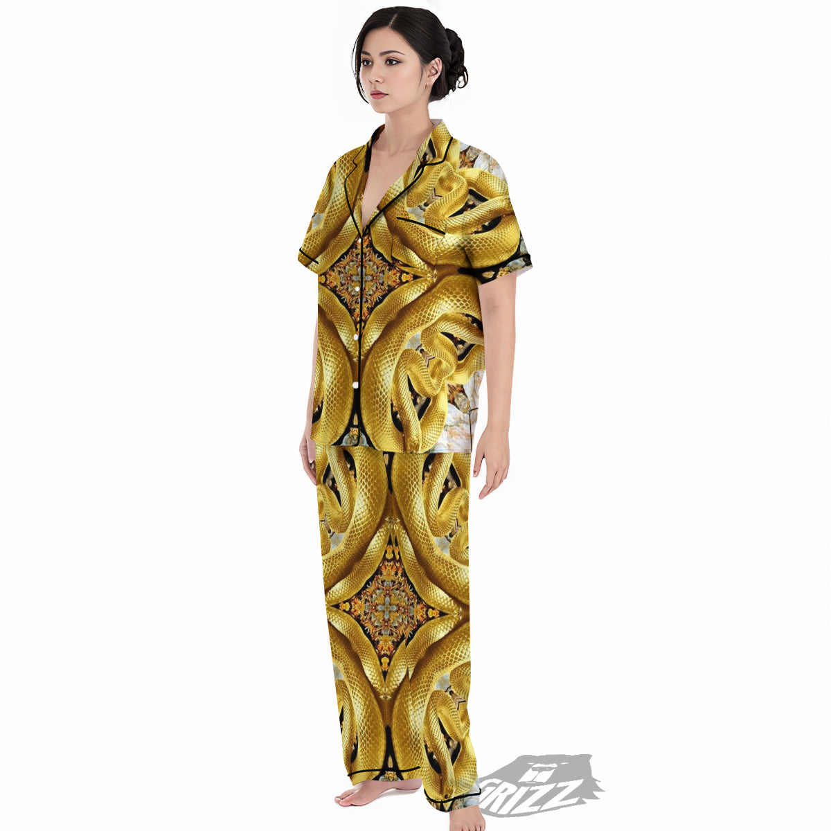 Golden Snake Kaleidoscope Print Women's Pajamas Set-grizzshop