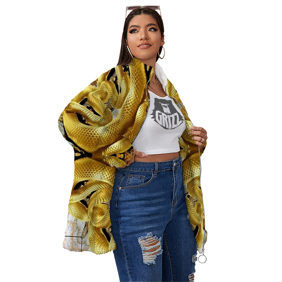 Golden Snake Kaleidoscope Print Women's Sherpa Jacket-grizzshop