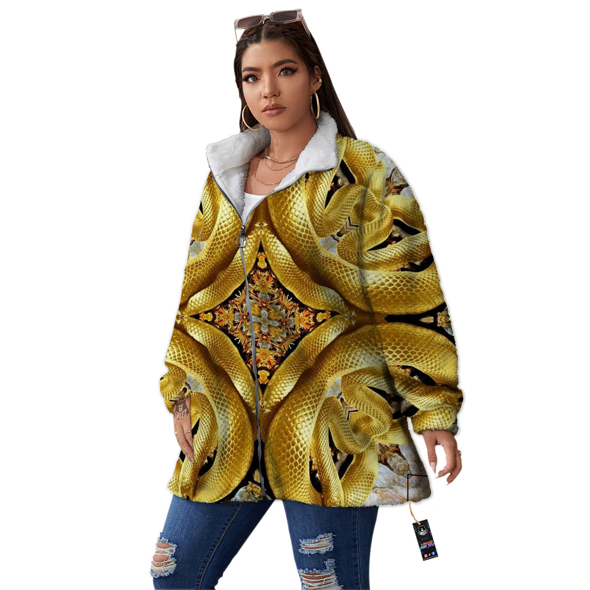 Golden Snake Kaleidoscope Print Women's Sherpa Jacket-grizzshop