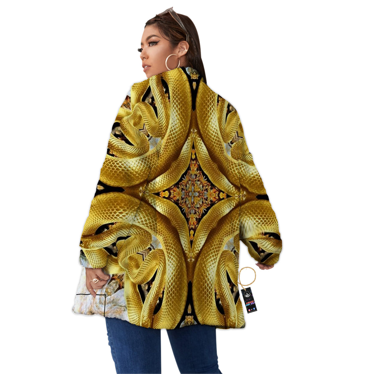 Golden Snake Kaleidoscope Print Women's Sherpa Jacket-grizzshop