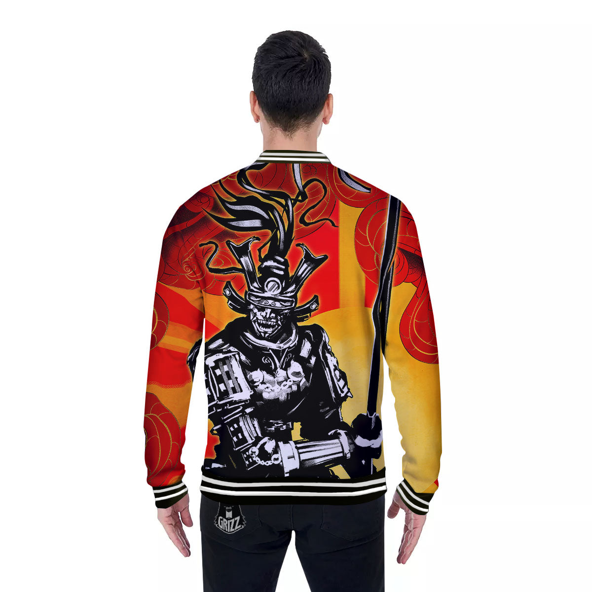Golden Sun Samurai And Red Sky Print Baseball Jacket-grizzshop