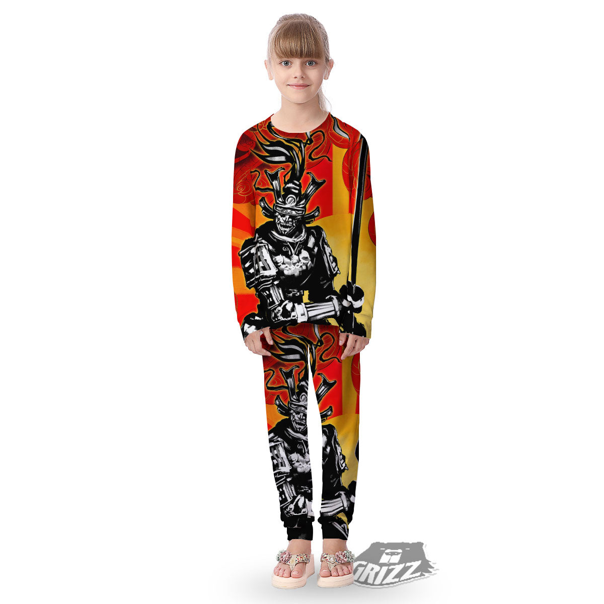 Golden Sun Samurai And Red Sky Print Kid's Pajamas-grizzshop