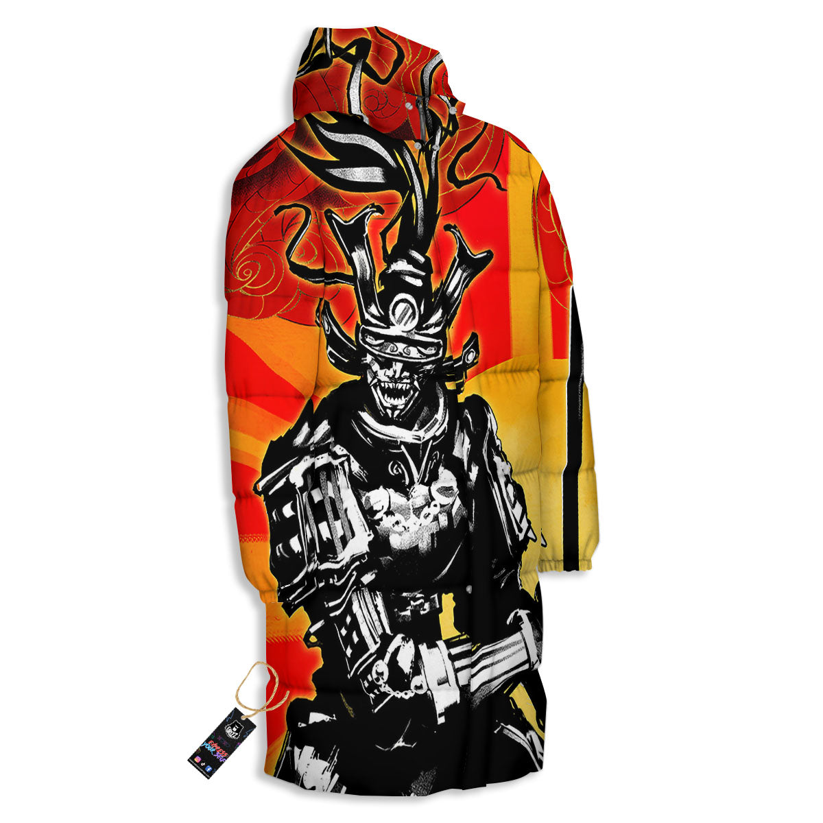 Golden Sun Samurai And Red Sky Print Long Down Jacket-grizzshop