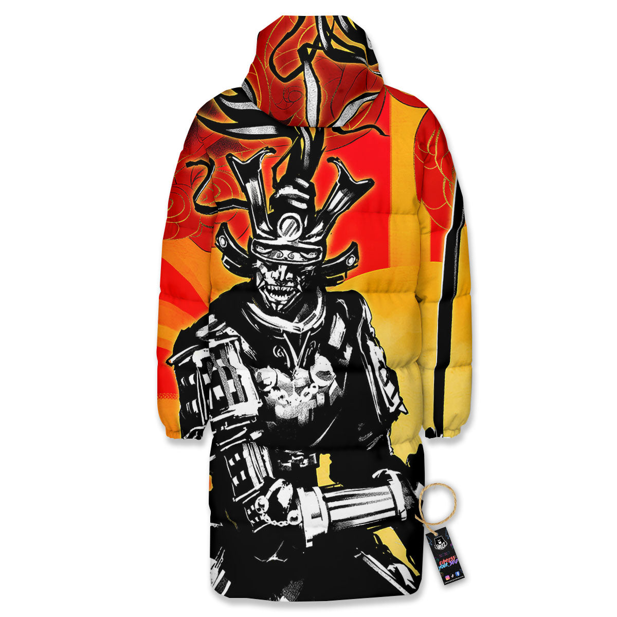 Golden Sun Samurai And Red Sky Print Long Down Jacket-grizzshop