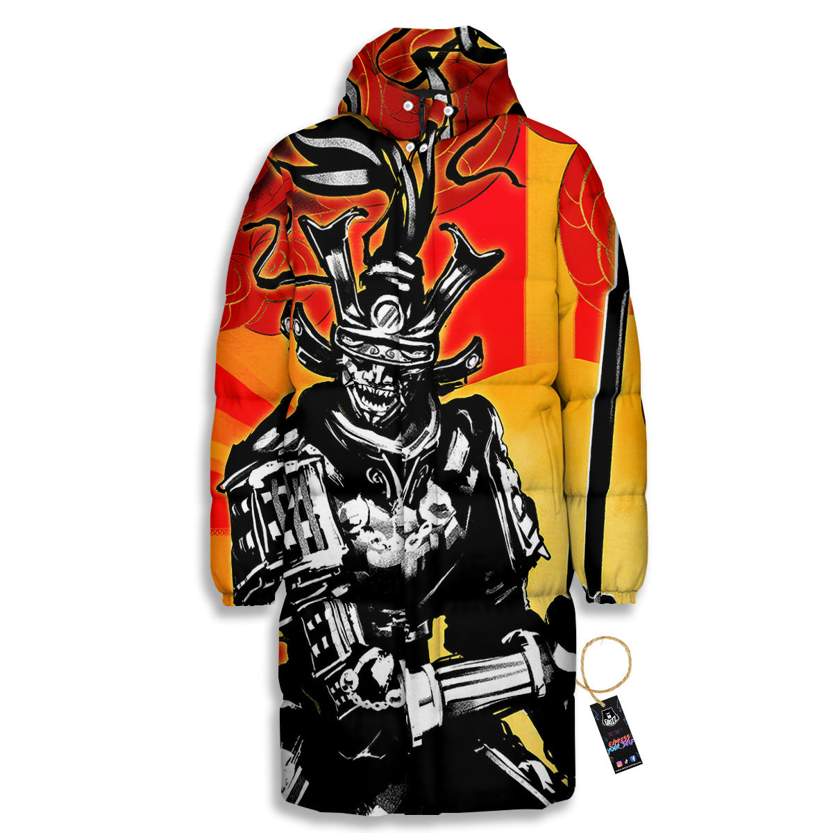 Golden Sun Samurai And Red Sky Print Long Down Jacket-grizzshop