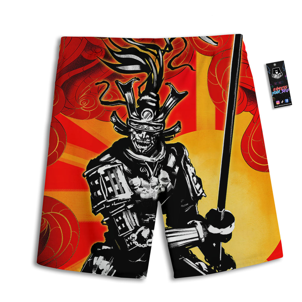 Golden Sun Samurai And Red Sky Print Men's Athletic Shorts