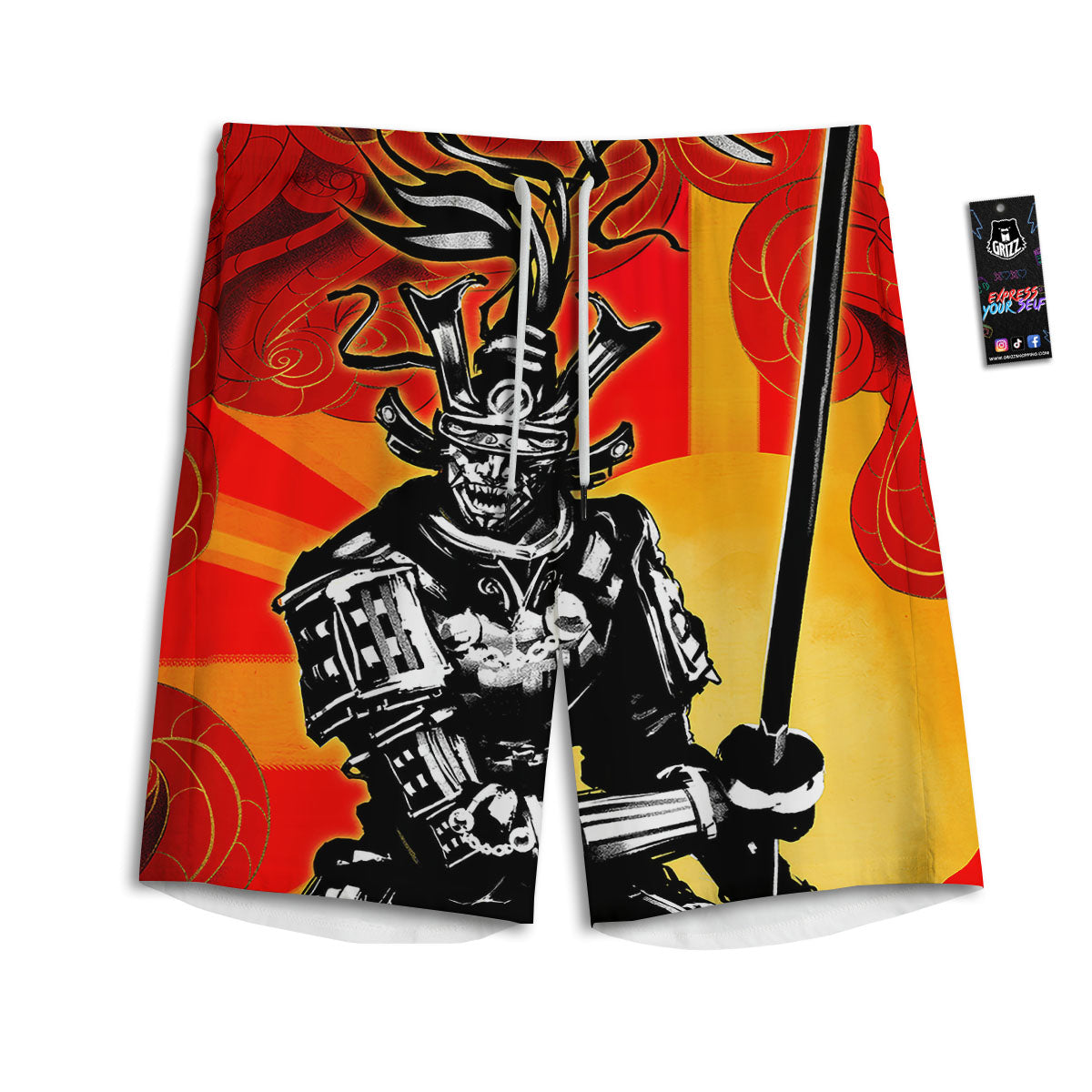 Golden Sun Samurai And Red Sky Print Men's Athletic Shorts