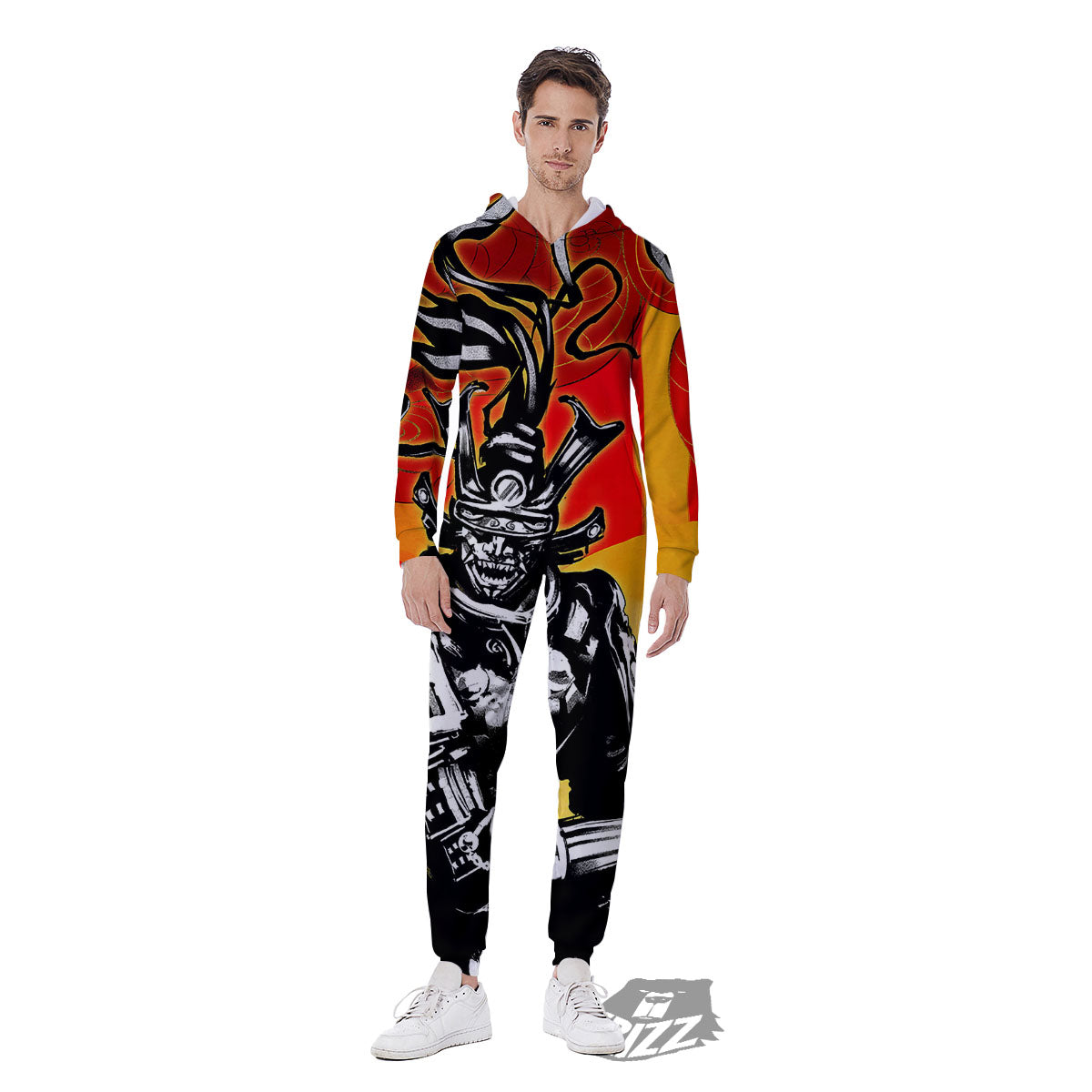 Golden Sun Samurai And Red Sky Print Men's Jumpsuit-grizzshop