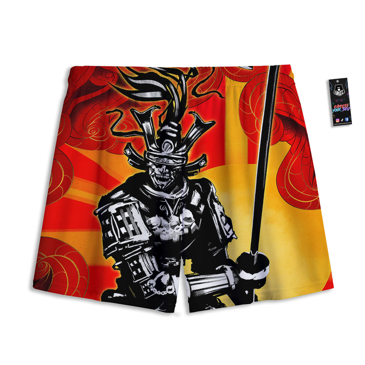 Golden Sun Samurai And Red Sky Print Mesh Shorts