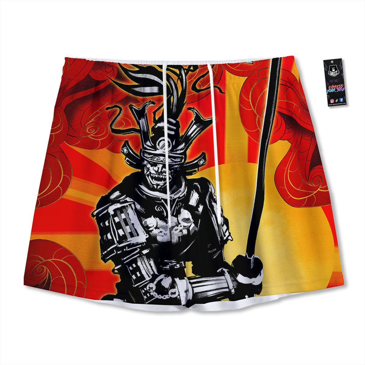 Golden Sun Samurai And Red Sky Print Mesh Shorts