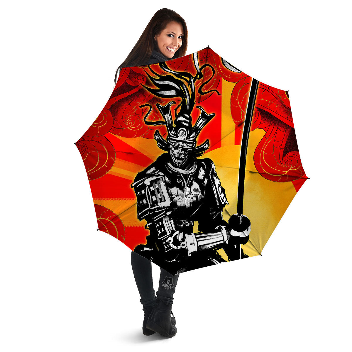 Golden Sun Samurai And Red Sky Print Umbrella-grizzshop