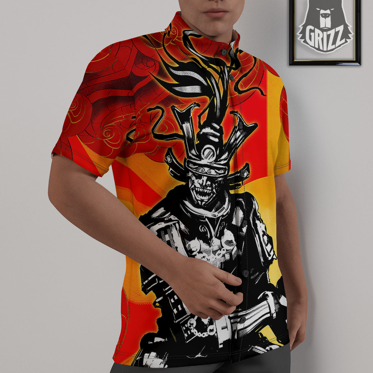 Golden Sun Samurai And Red Sky Print Untucked Shirts-grizzshop