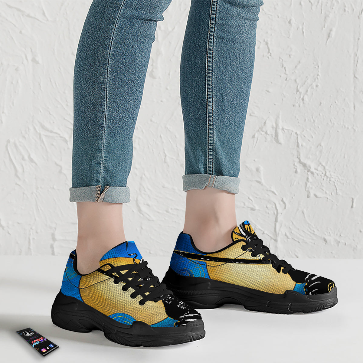 Golden Sun Samurai Blue Sky Print Black Chunky Shoes-grizzshop