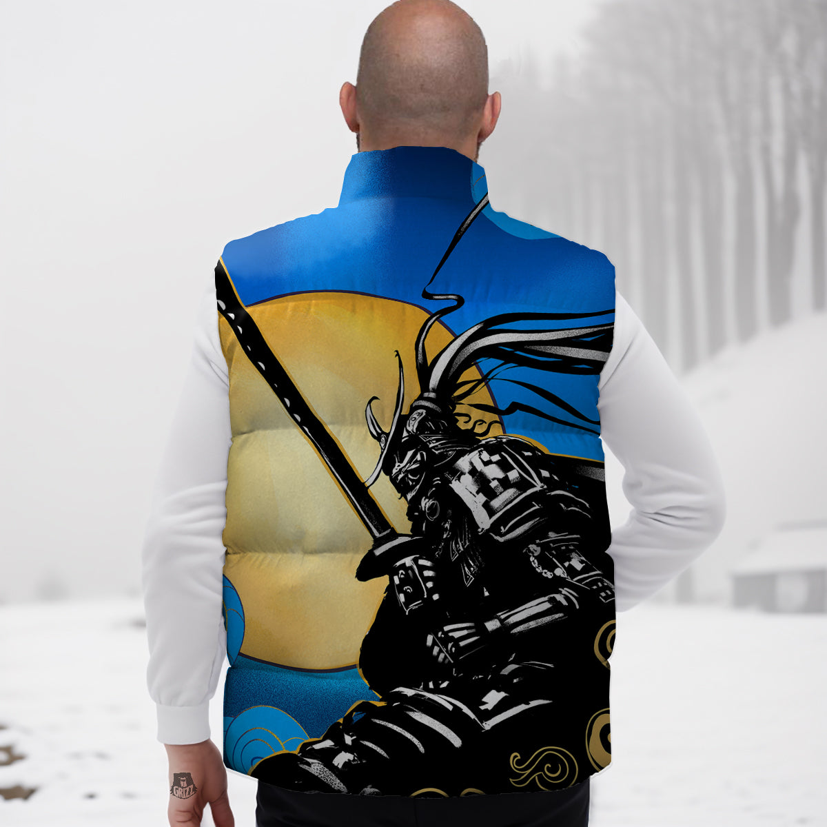 Golden Sun Samurai Blue Sky Print Down Vest