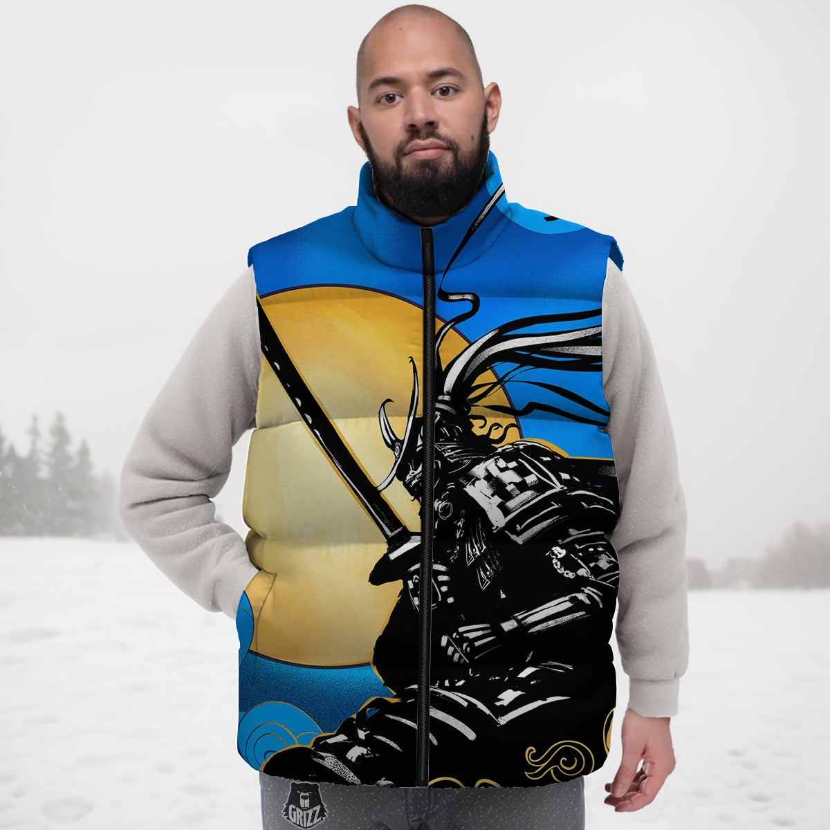 Golden Sun Samurai Blue Sky Print Down Vest