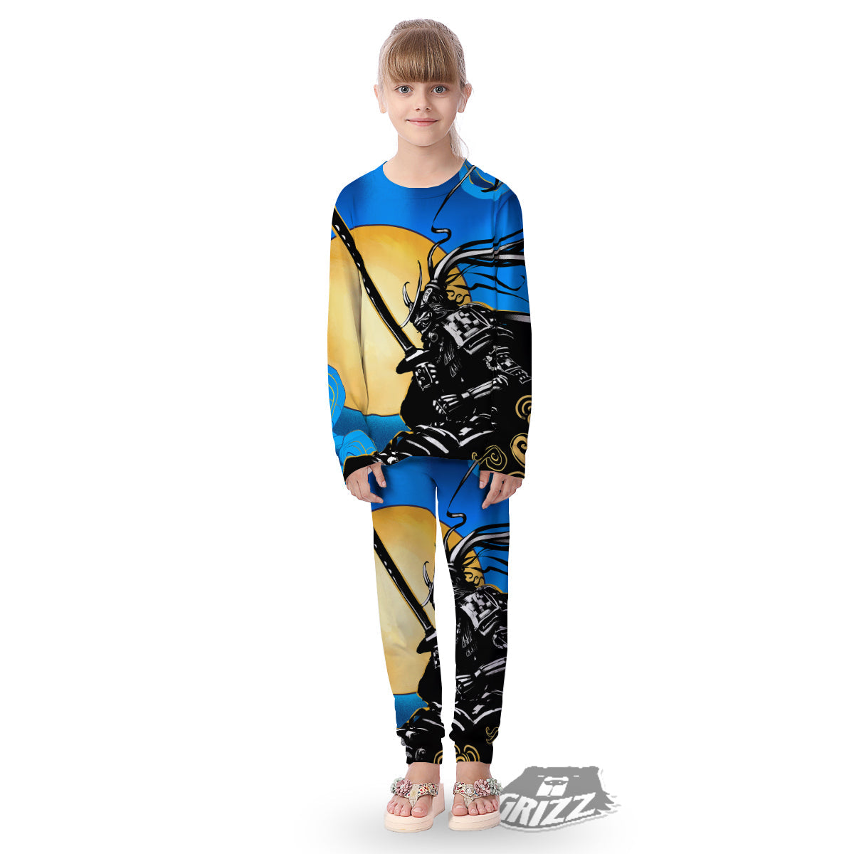Golden Sun Samurai Blue Sky Print Kid's Pajamas-grizzshop