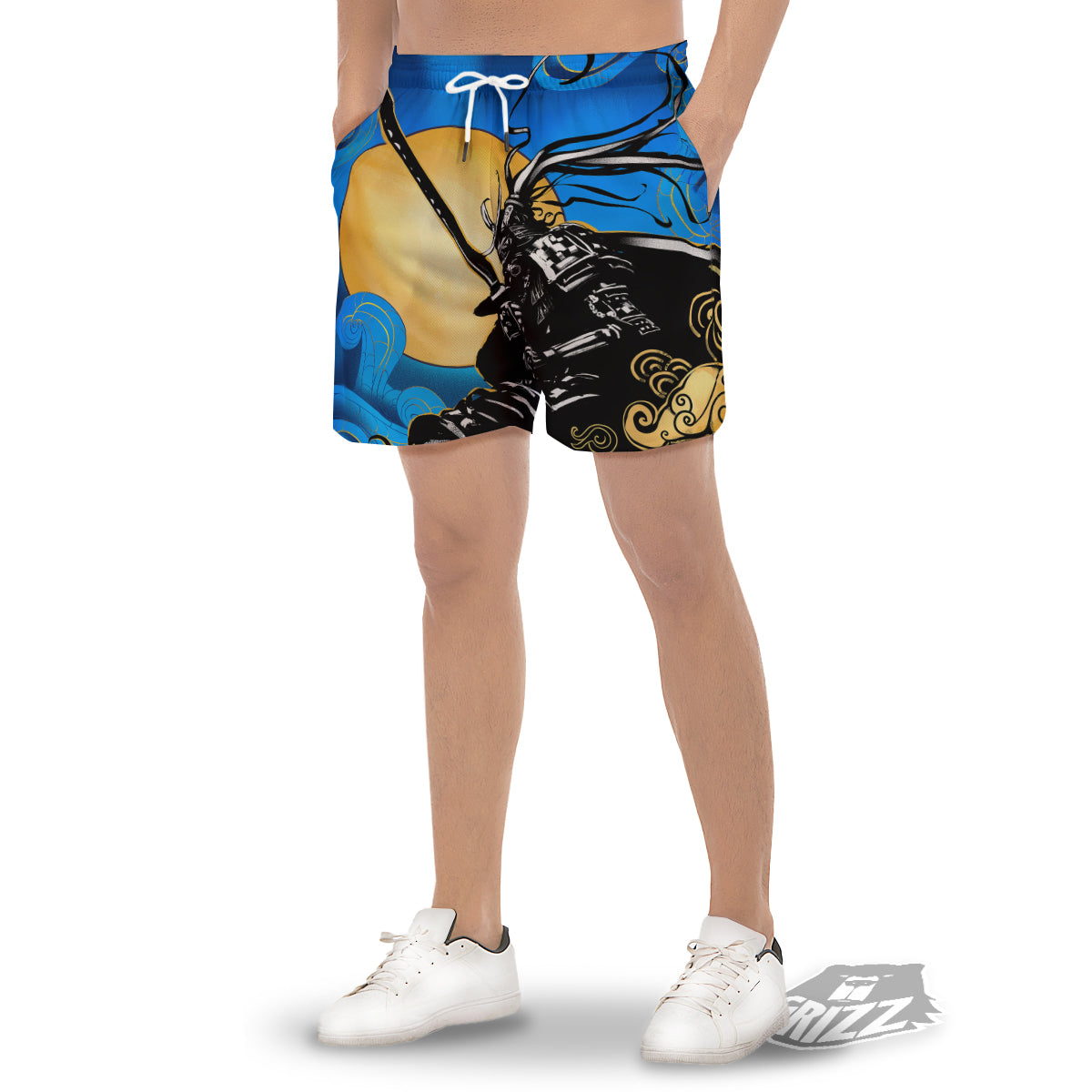 Golden Sun Samurai Blue Sky Print Men's Gym Shorts-grizzshop