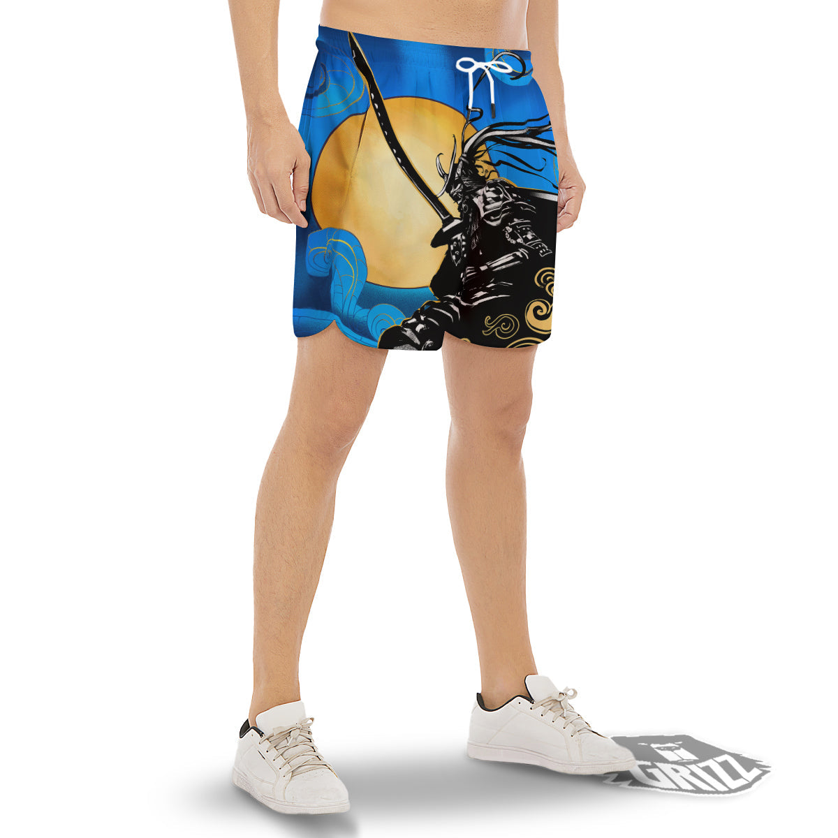 Golden Sun Samurai Blue Sky Print Men's Gym Shorts-grizzshop