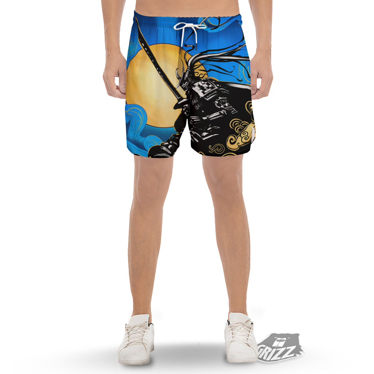 Golden Sun Samurai Blue Sky Print Men's Gym Shorts-grizzshop