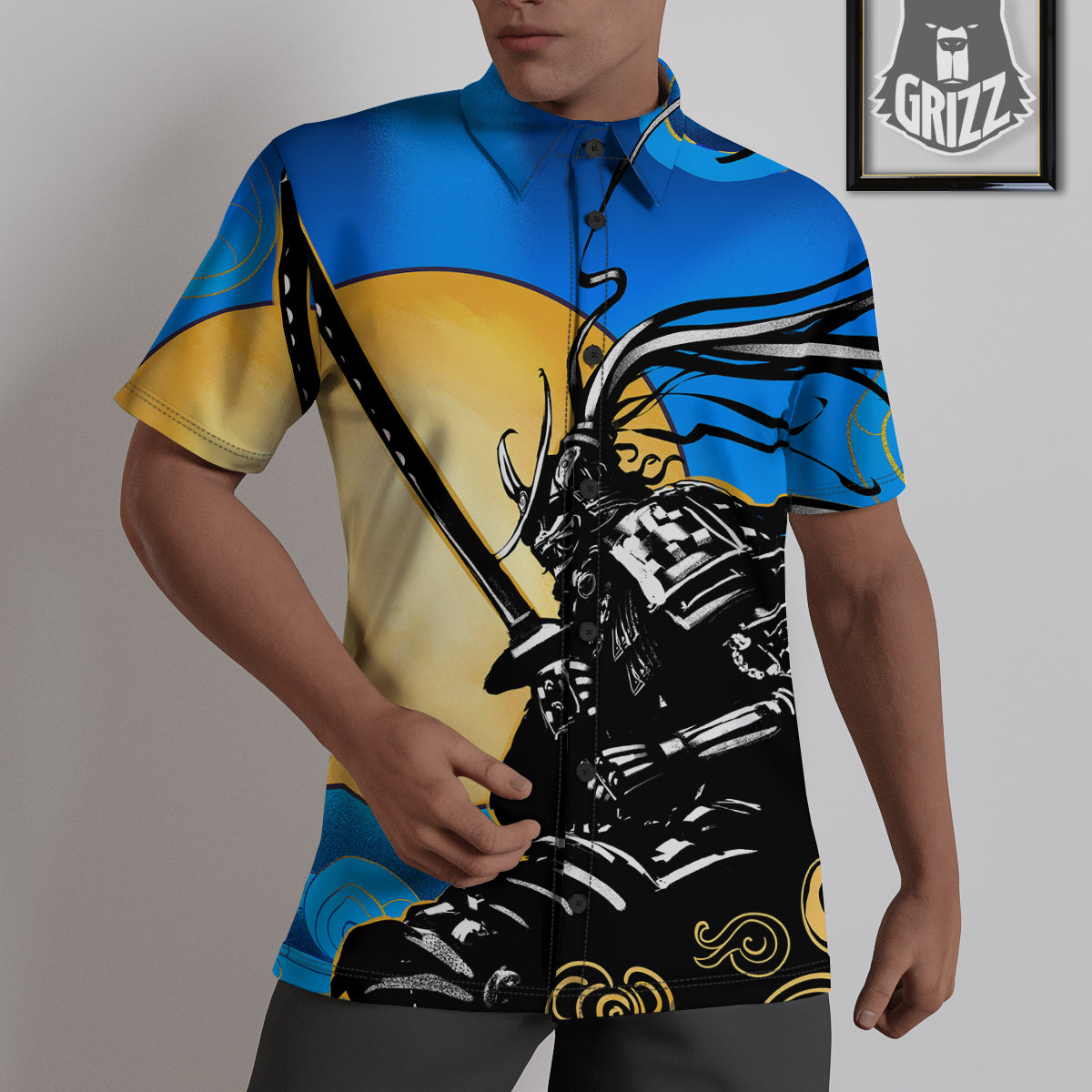 Golden Sun Samurai Blue Sky Print Untucked Shirts-grizzshop