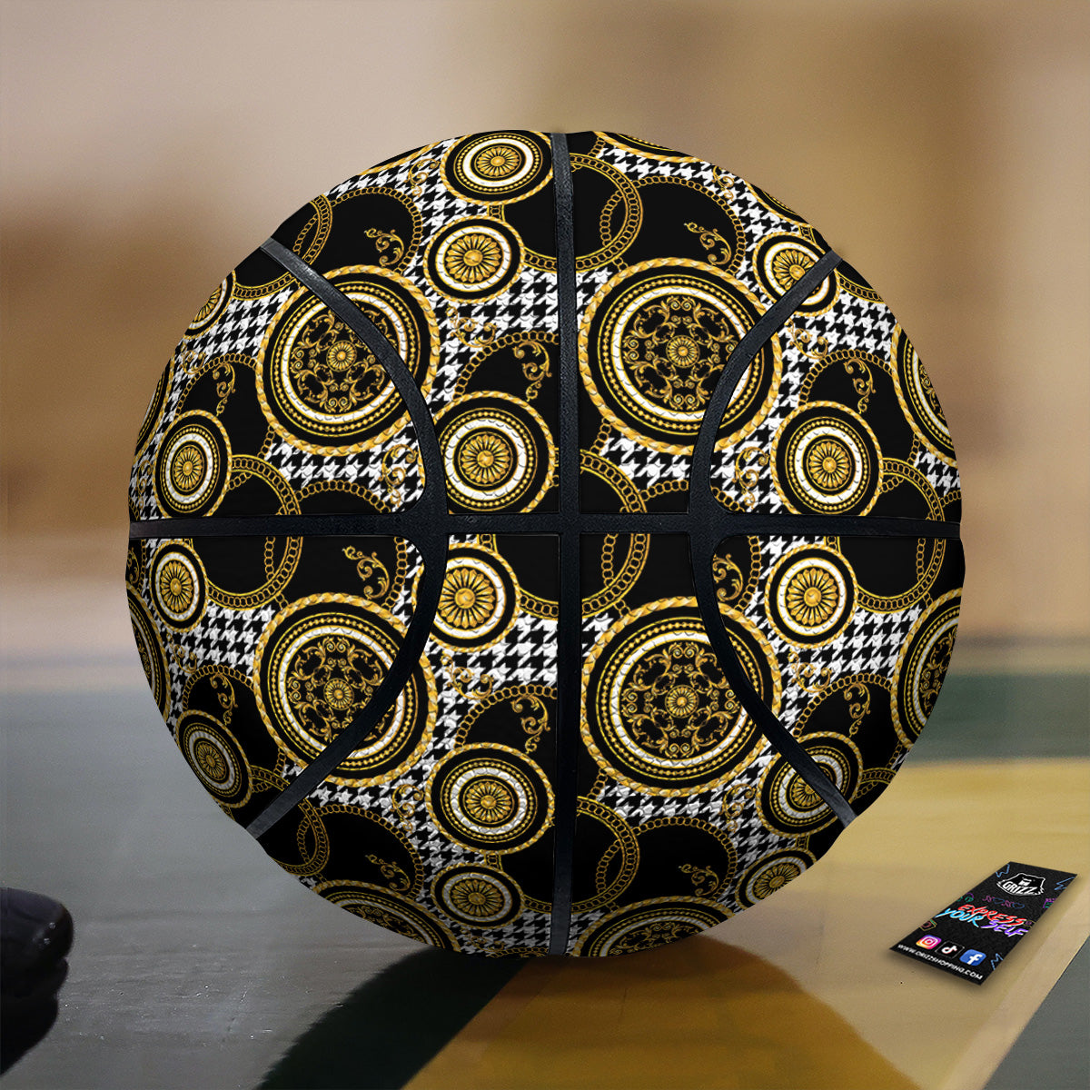 Golden Baroque And Black Houndstooth Print Pattern Basketball