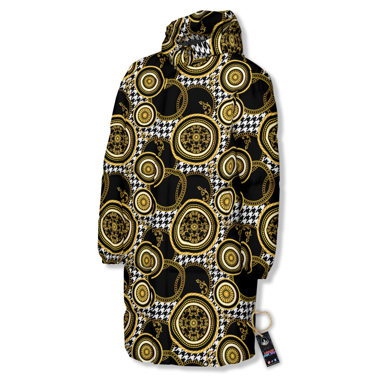 Golden Baroque And Black Houndstooth Print Pattern Long Down Jacket