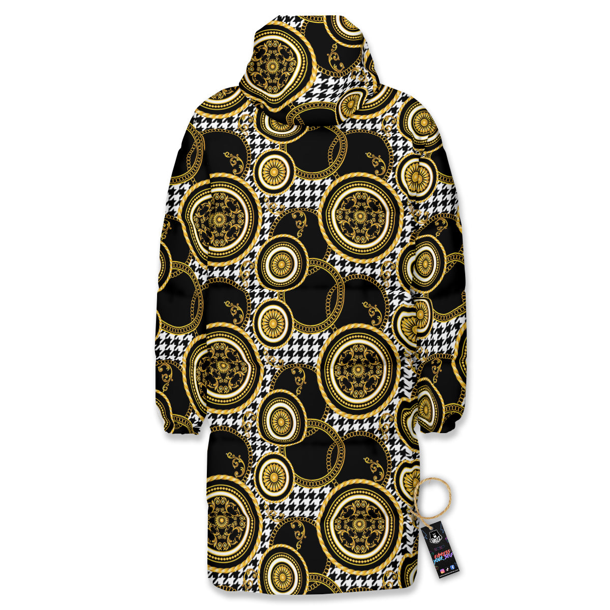 Golden Baroque And Black Houndstooth Print Pattern Long Down Jacket