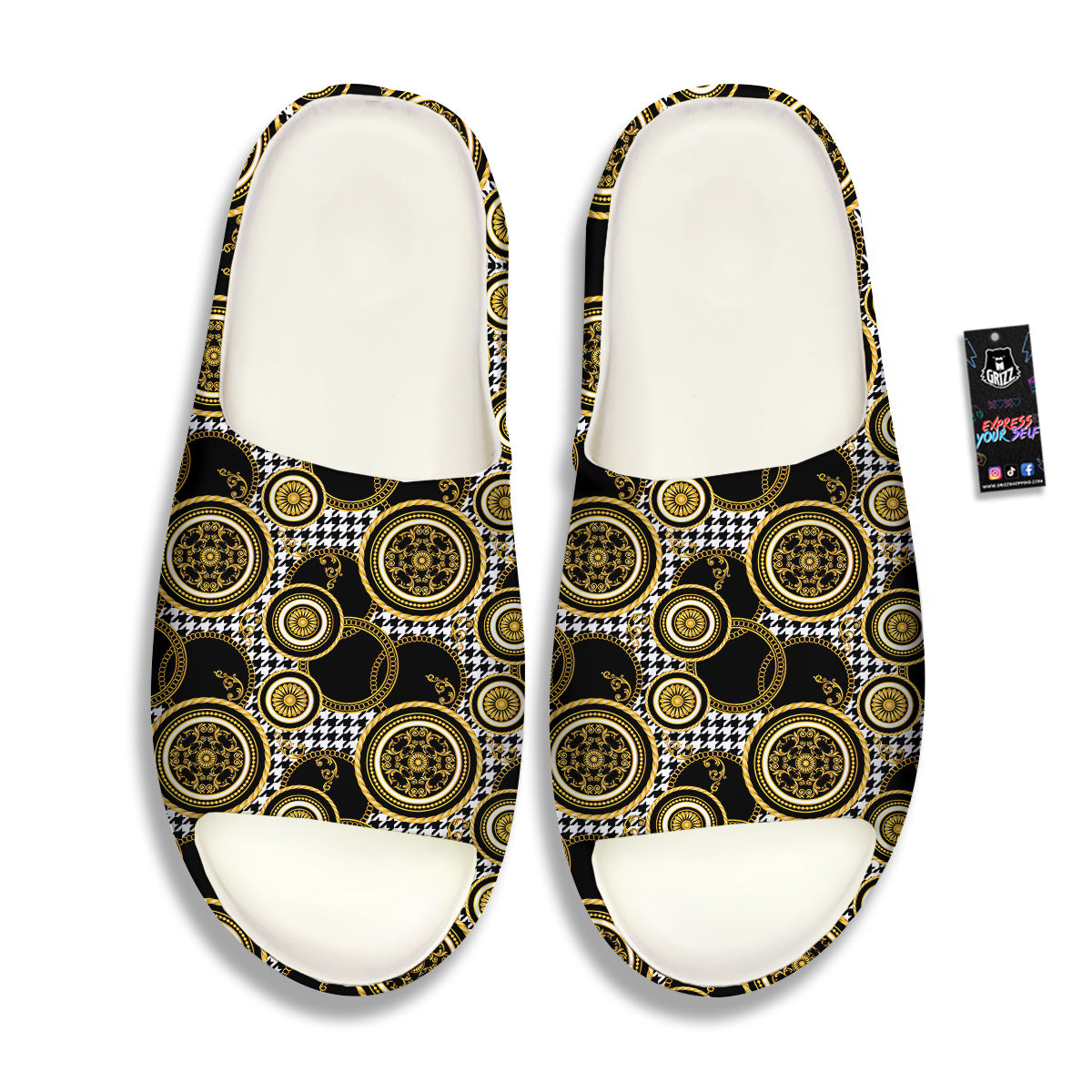 Golden Baroque And Black Houndstooth Print Pattern Sandals-grizzshop