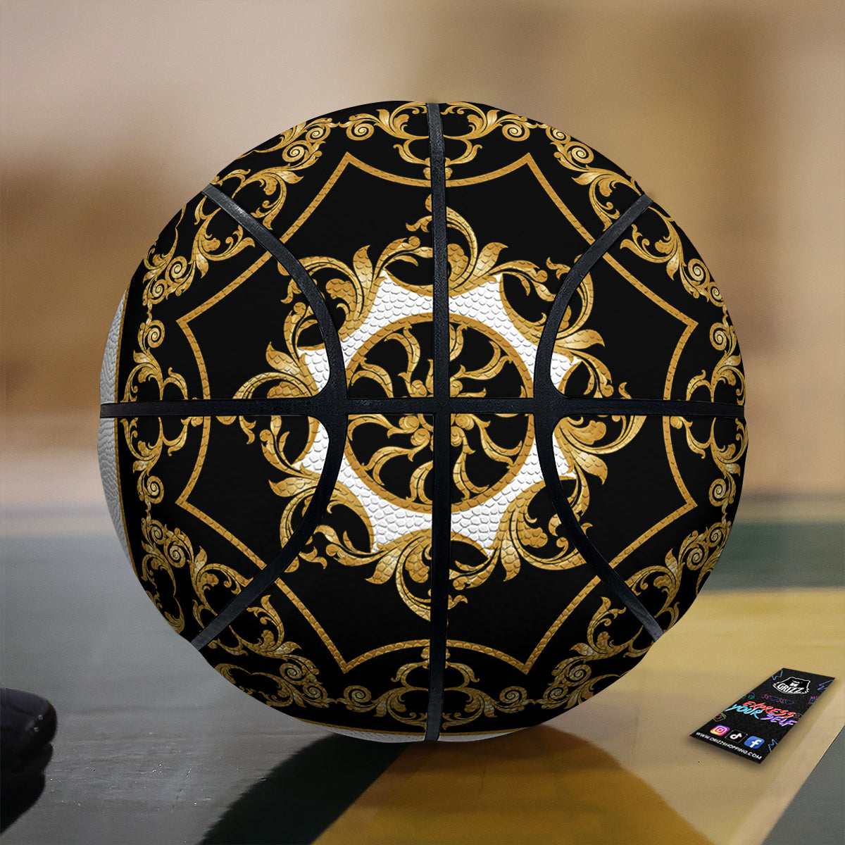 Golden Floral Baroque Black White Print Basketball