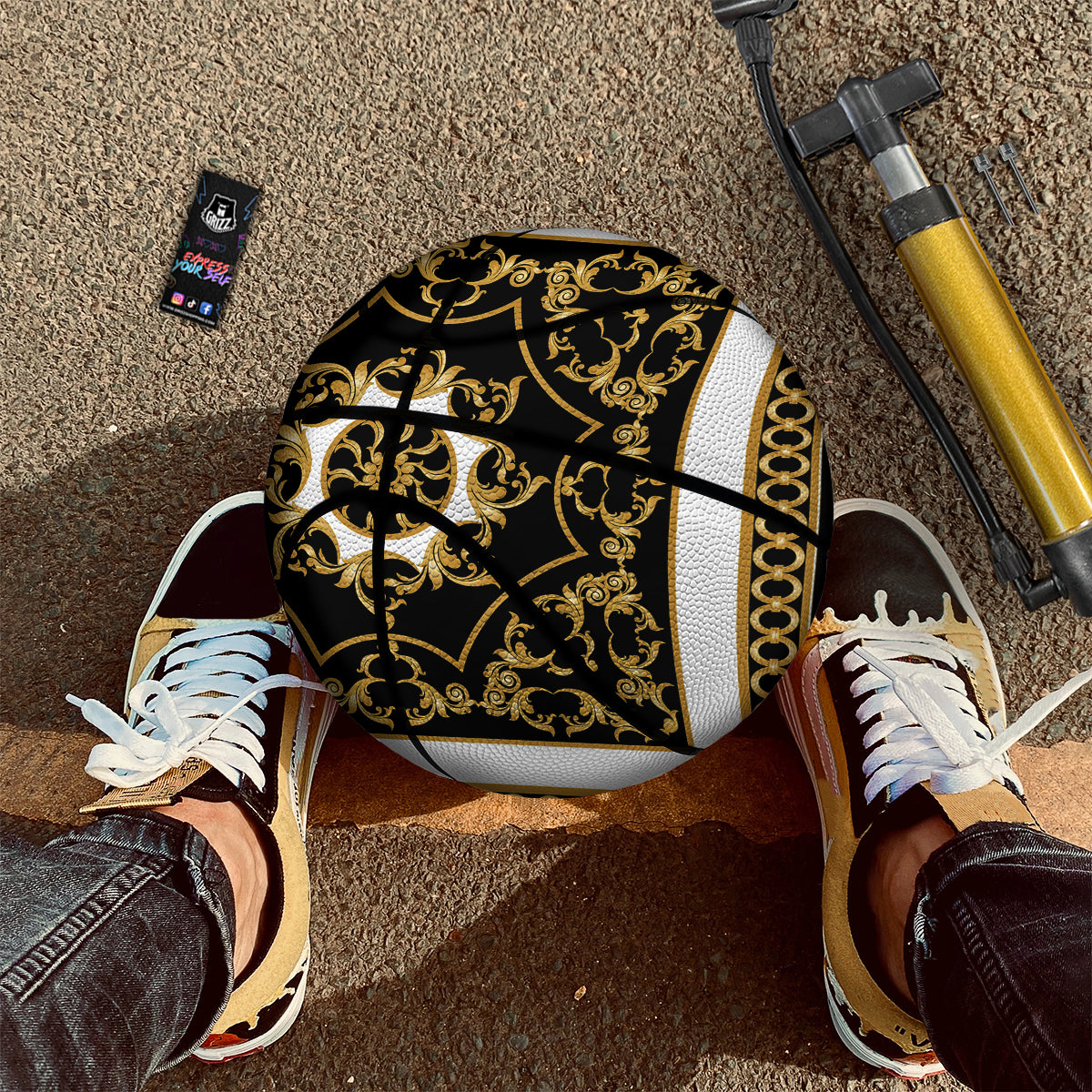 Golden Floral Baroque Black White Print Basketball