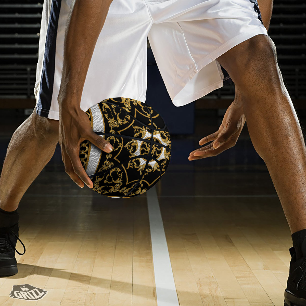 Golden Floral Baroque Black White Print Basketball