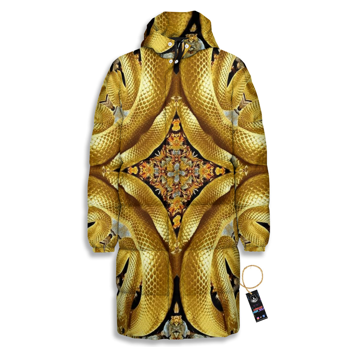 Golden Snake Kaleidoscope Print Long Down Jacket