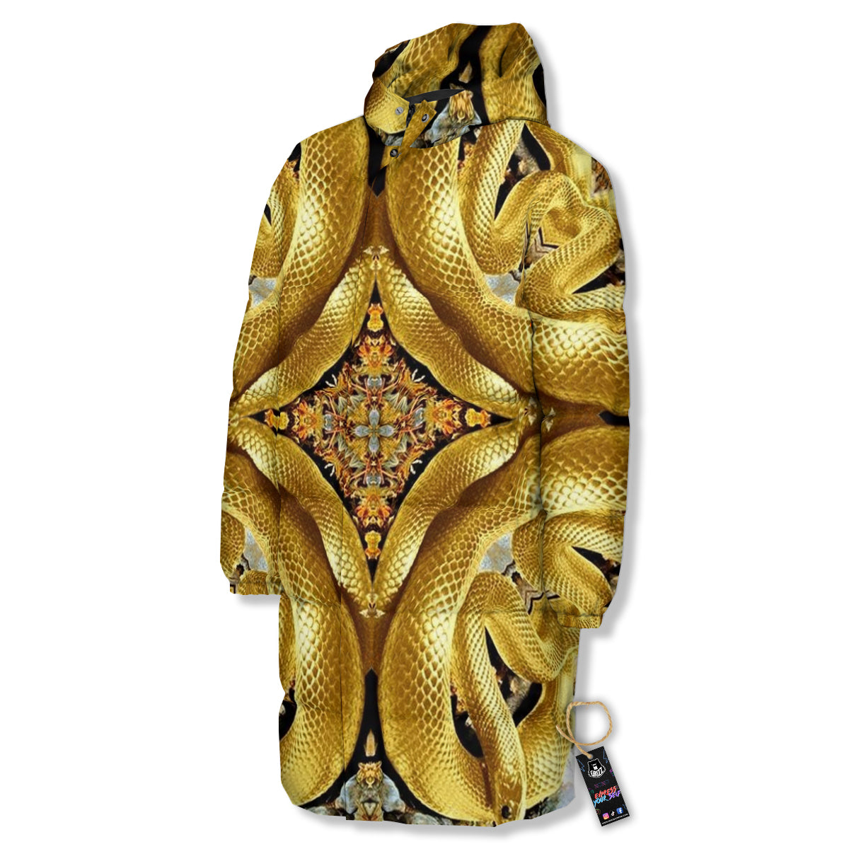Golden Snake Kaleidoscope Print Long Down Jacket