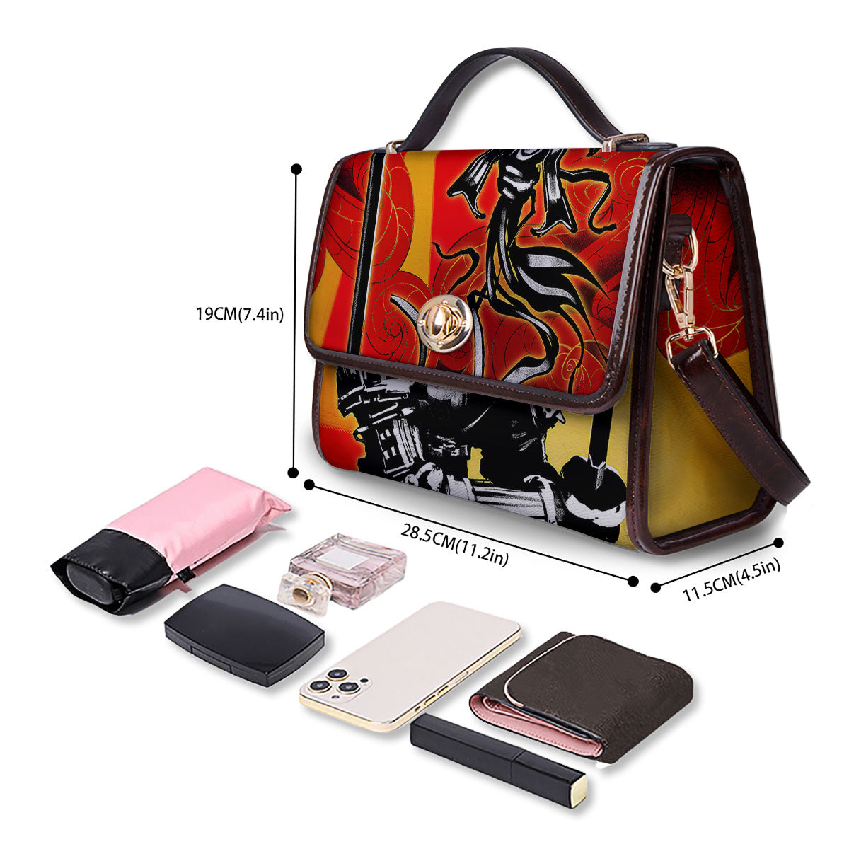 Golden Sun Samurai And Red Sky Print Women's Satchel Bag