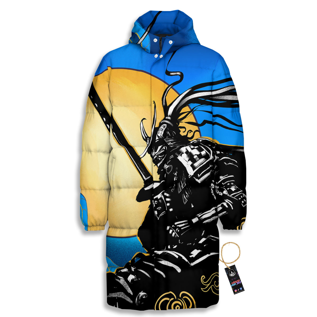 Golden Sun Samurai Blue Sky Print Long Down Jacket
