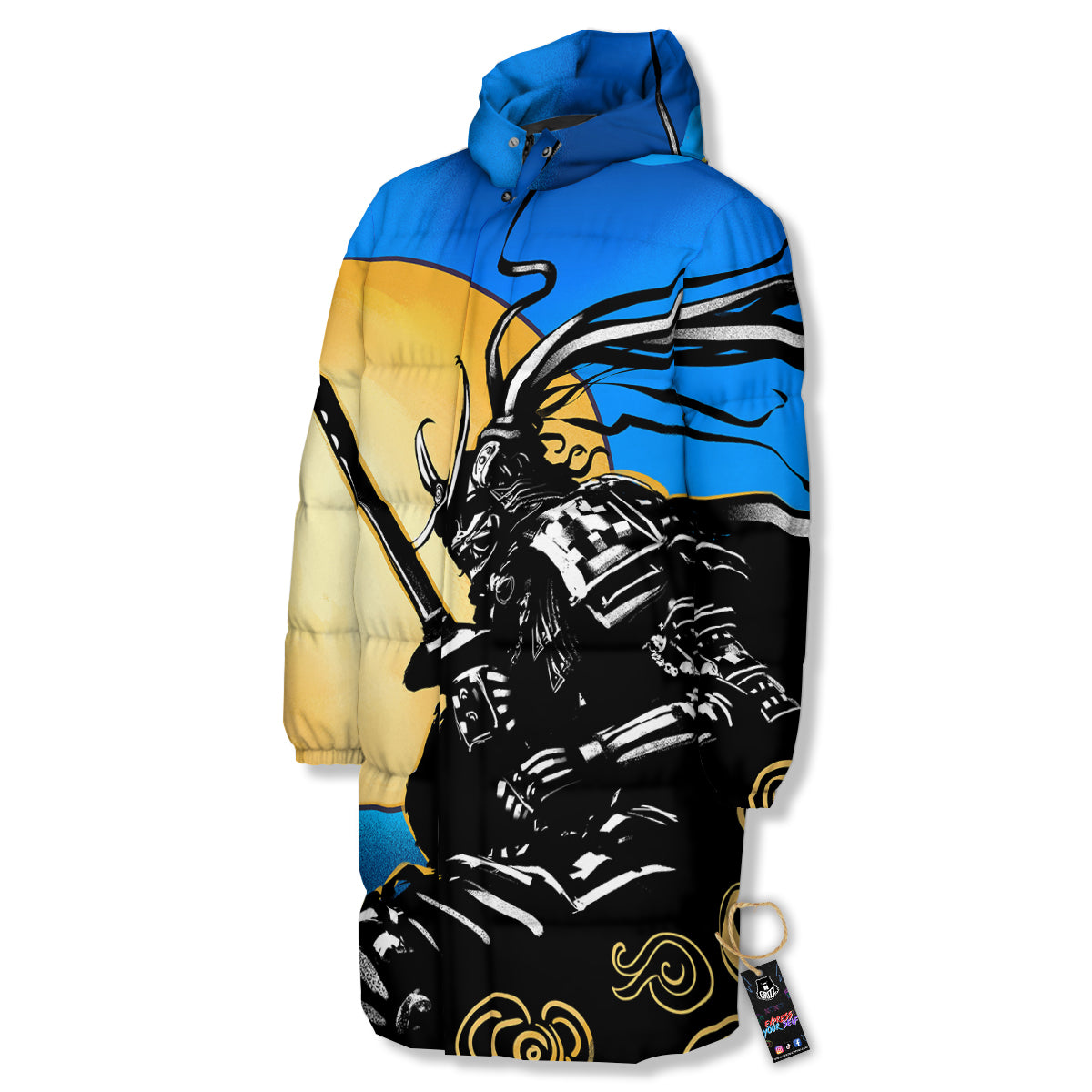 Golden Sun Samurai Blue Sky Print Long Down Jacket