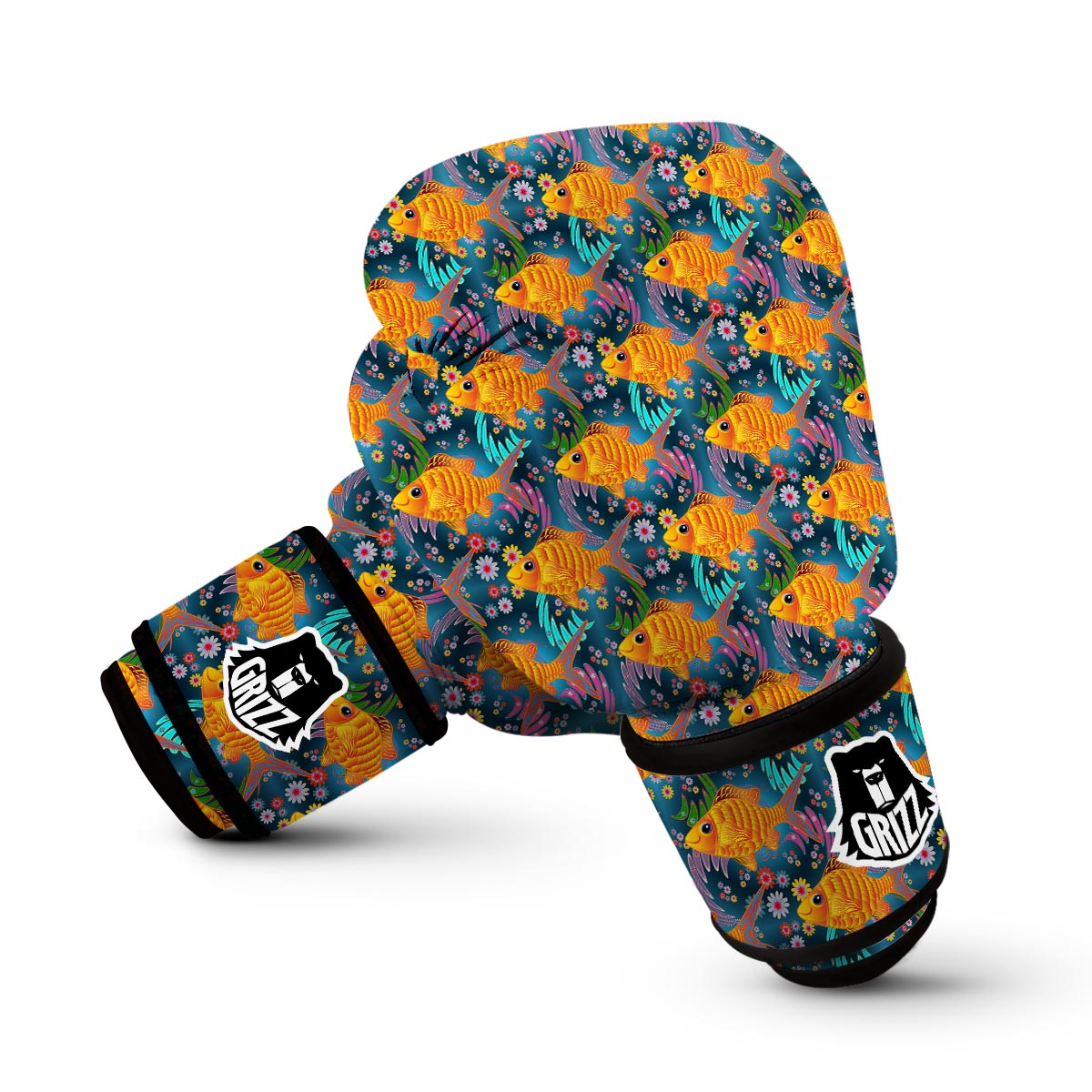 Goldfish Flower Pattern Print Boxing Gloves-grizzshop