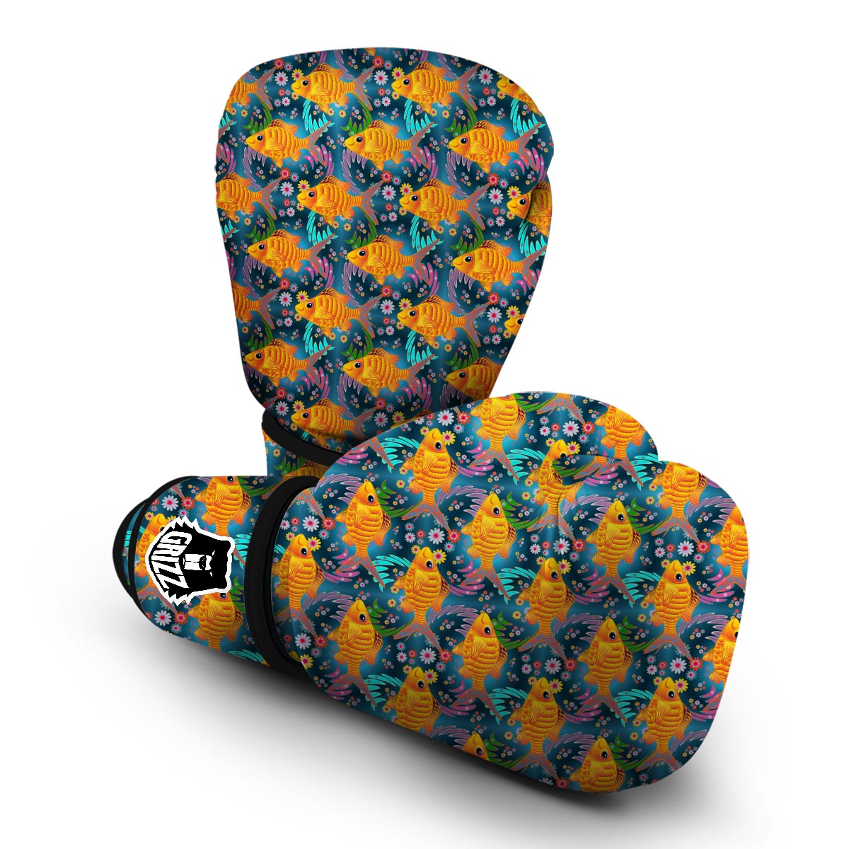 Goldfish Flower Pattern Print Boxing Gloves-grizzshop