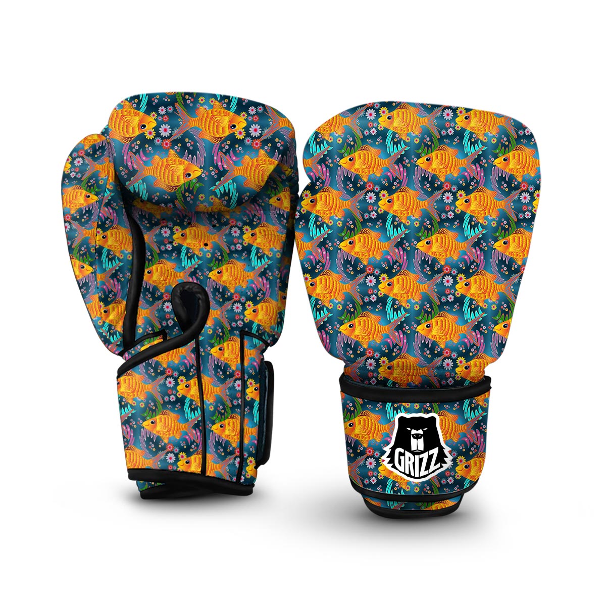 Goldfish Flower Pattern Print Boxing Gloves-grizzshop
