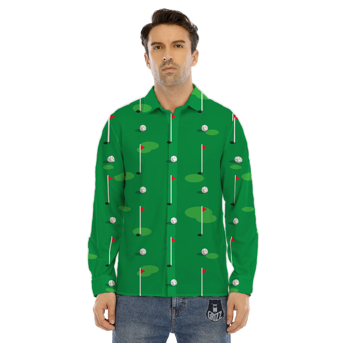Golf Ball Green Print Pattern Men's Dress Shirts-grizzshop