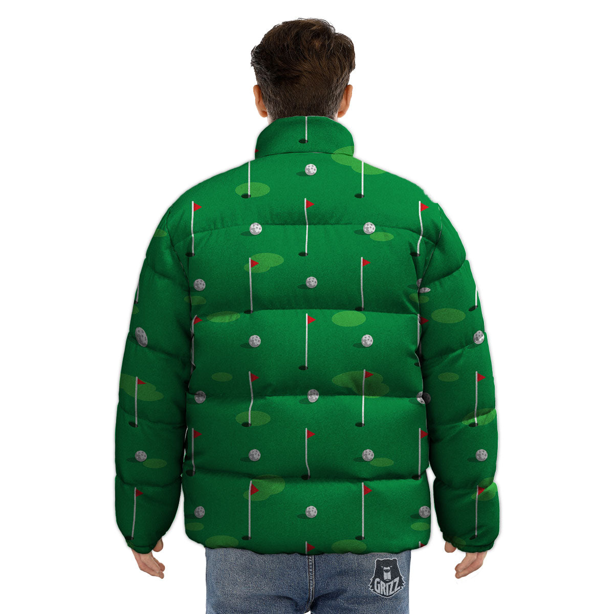 Golf Ball Green Print Pattern Puffer Jacket-grizzshop