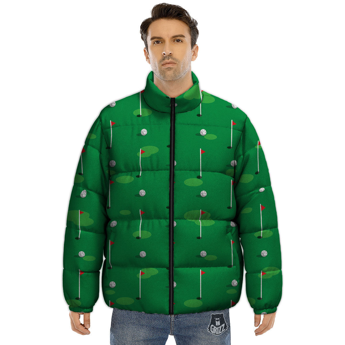Golf Ball Green Print Pattern Puffer Jacket-grizzshop