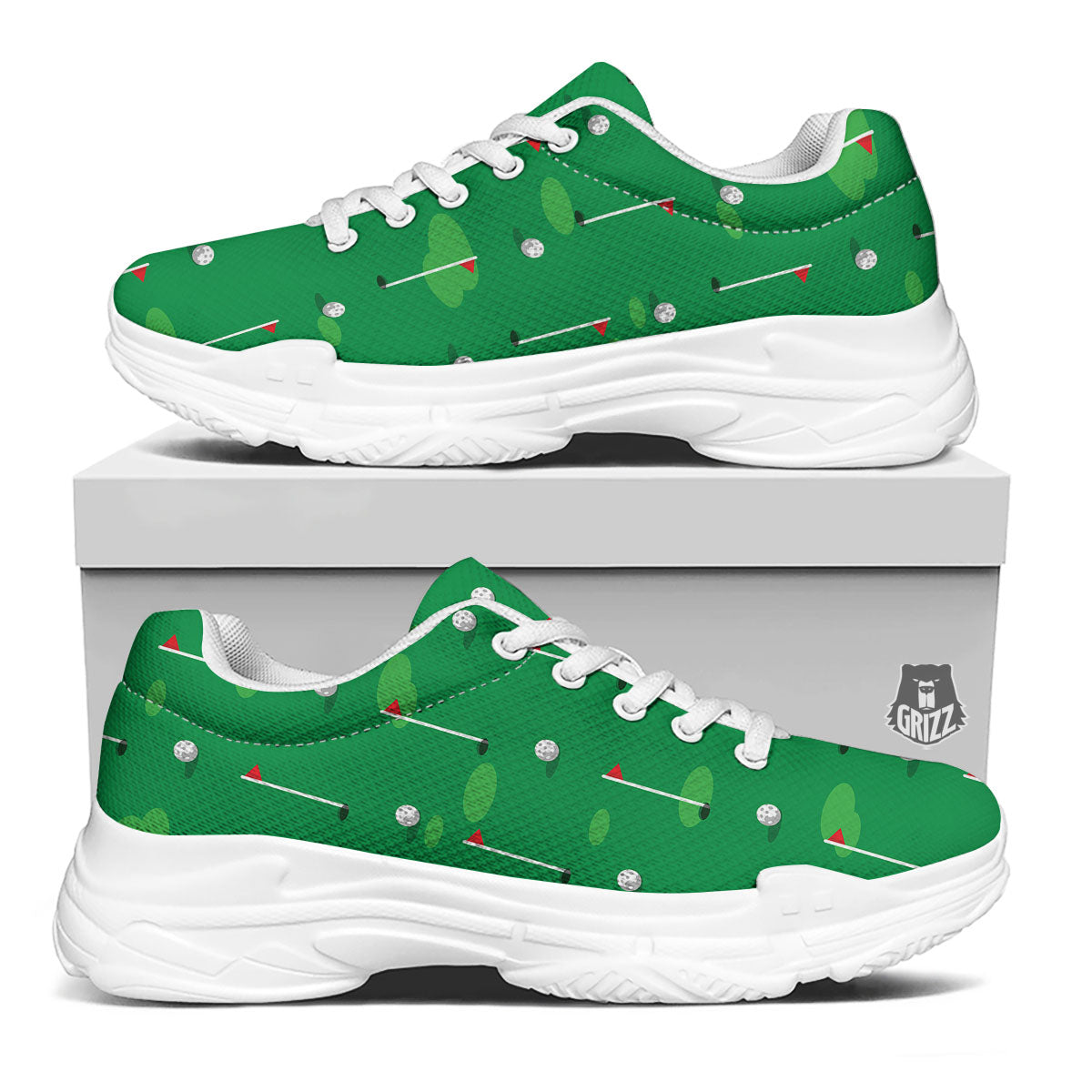 Golf Ball Green Print Pattern White Chunky Shoes-grizzshop