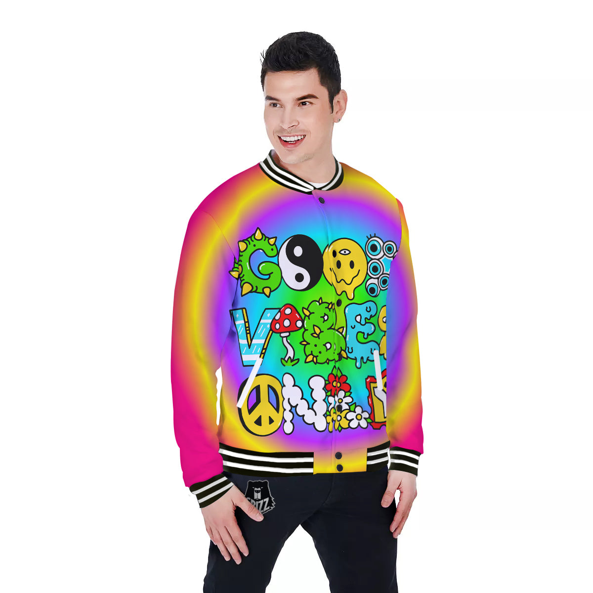 Good Vibes Only Quote Trippy Psychedelic Print Baseball Jacket-grizzshop