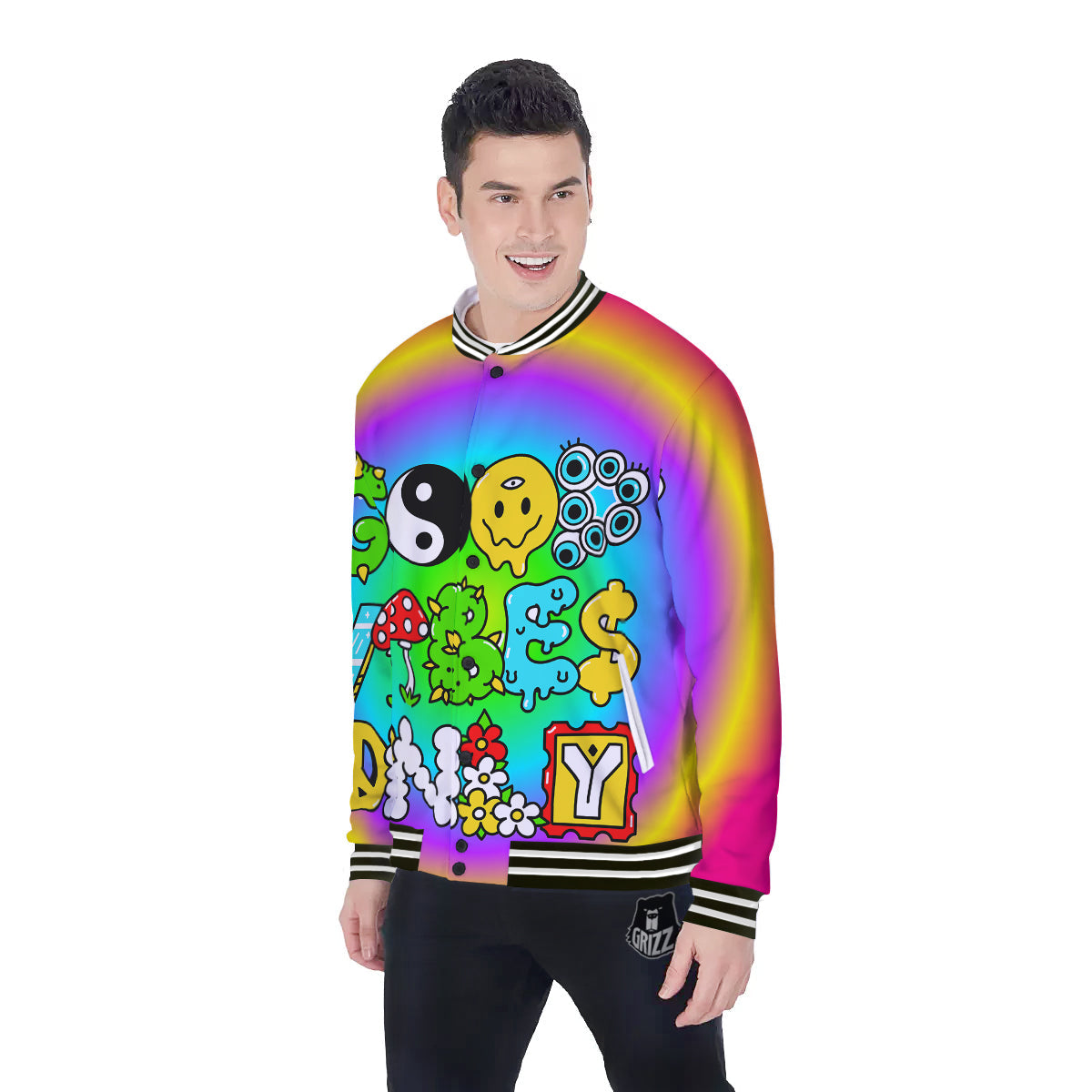 Good Vibes Only Quote Trippy Psychedelic Print Baseball Jacket-grizzshop