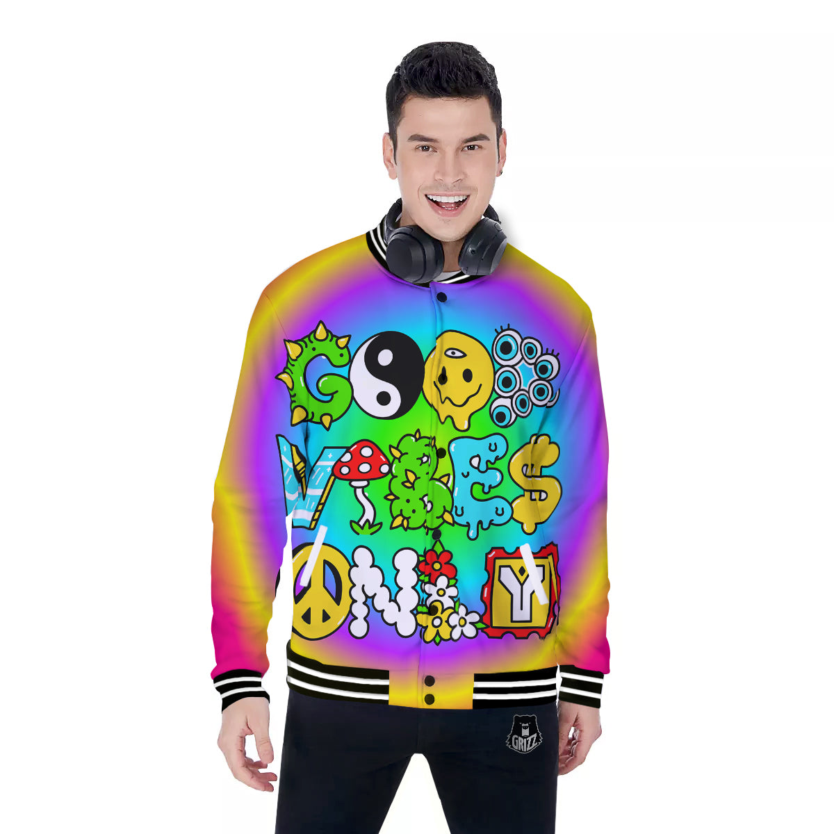 Good Vibes Only Quote Trippy Psychedelic Print Baseball Jacket-grizzshop