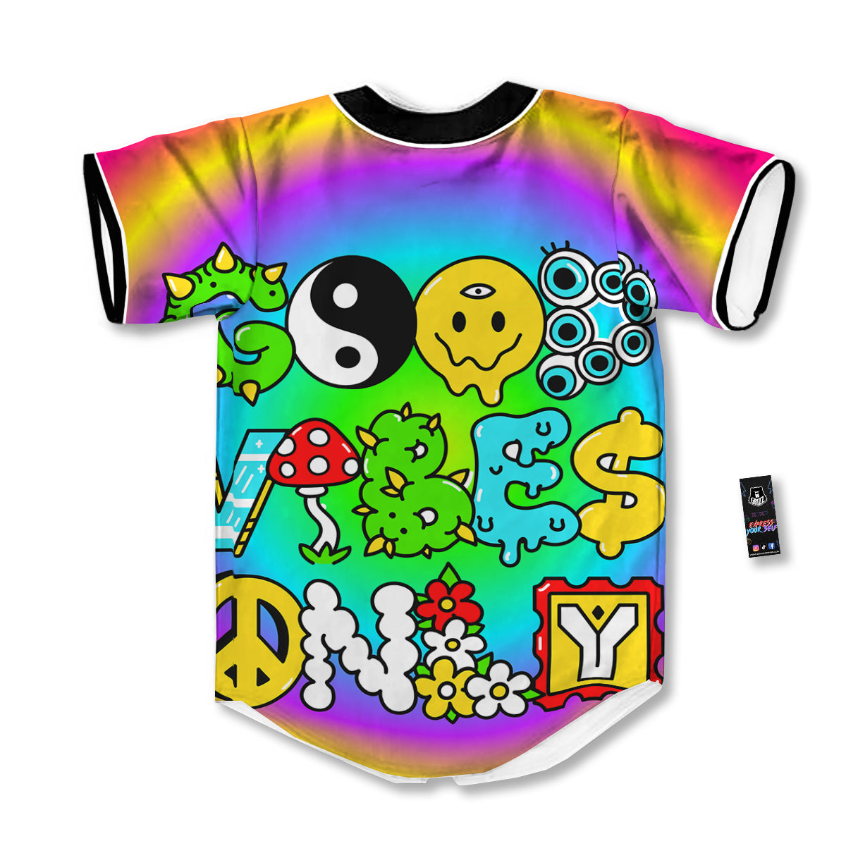 Good Vibes Only Quote Trippy Psychedelic Print Baseball Jersey-grizzshop
