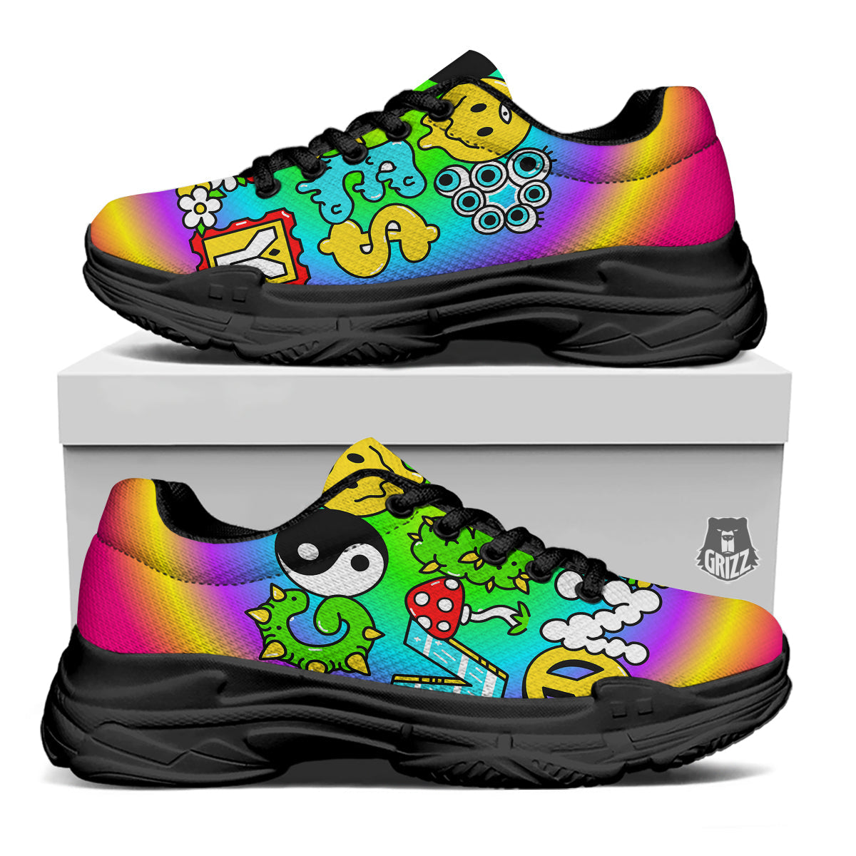 Good Vibes Only Quote Trippy Psychedelic Print Black Chunky Shoes-grizzshop
