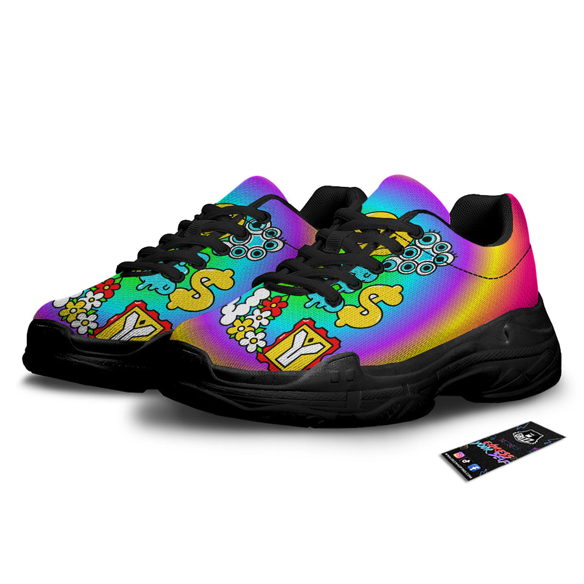Good Vibes Only Quote Trippy Psychedelic Print Black Chunky Shoes-grizzshop