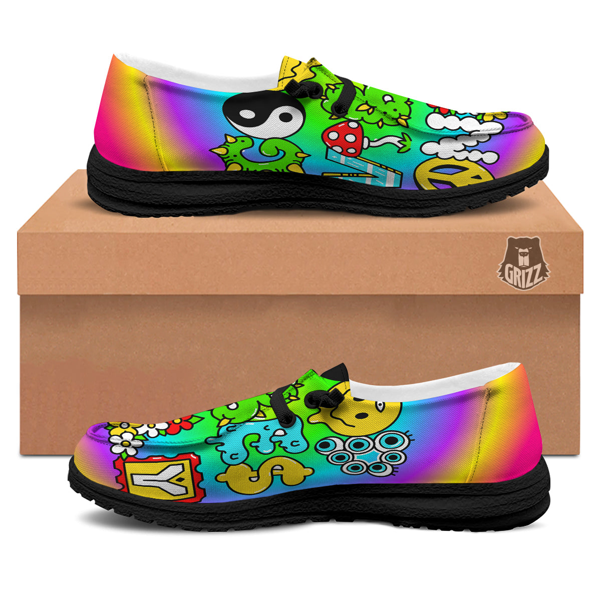 Good Vibes Only Quote Trippy Psychedelic Print Black Loafers-grizzshop